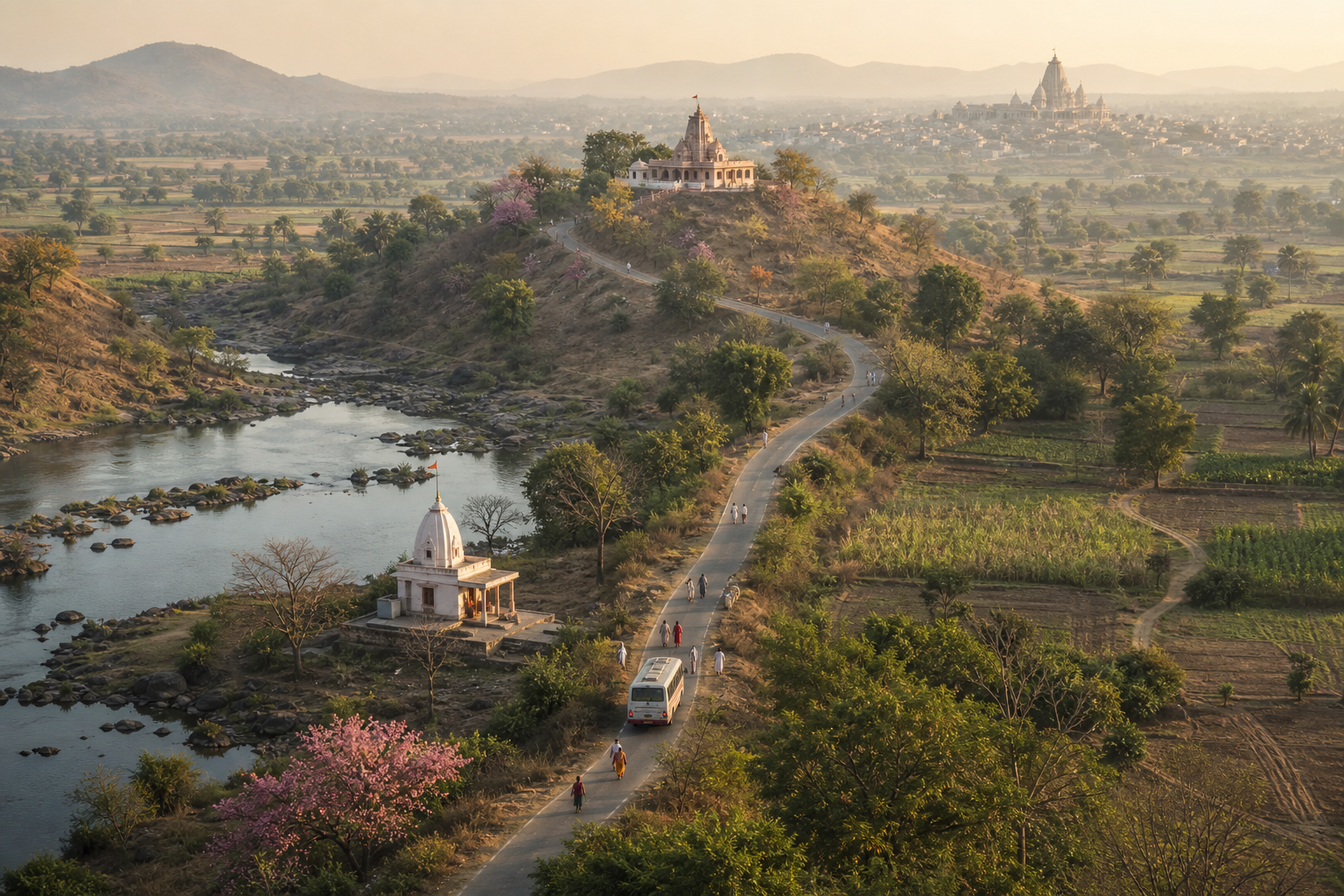 A winding road carries walkers and a small bus past several temples through a hazy rural landscape.