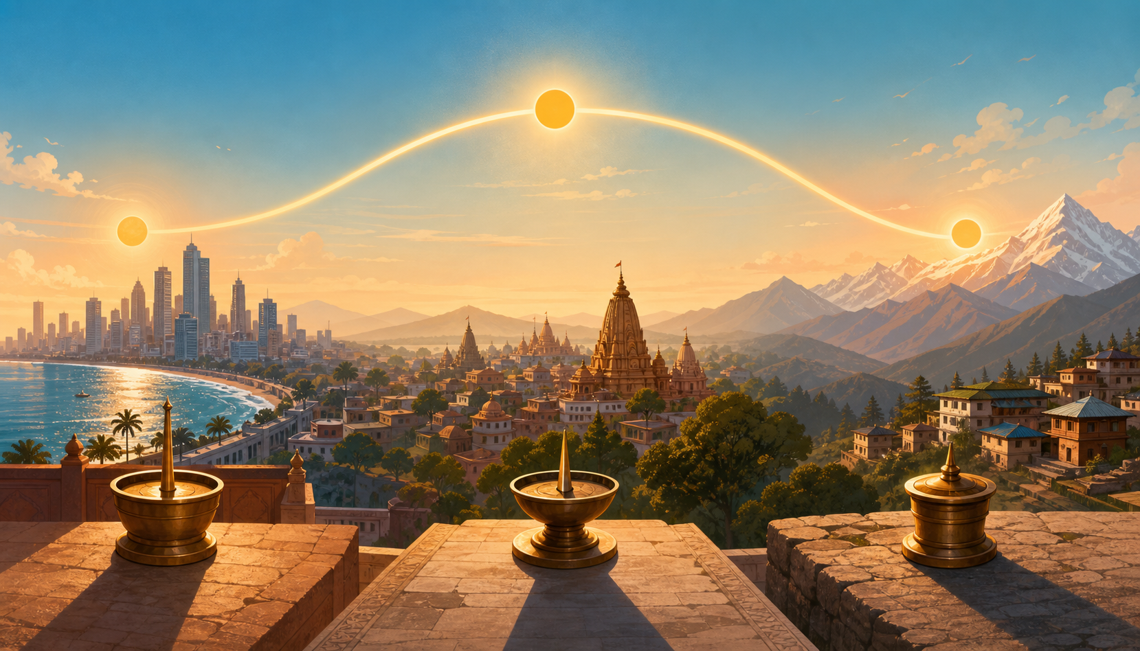 An Indian courtyard shifts from sunset to twilight, with five flower offerings on one side of a threshold and six glowing clay lamps on the other.