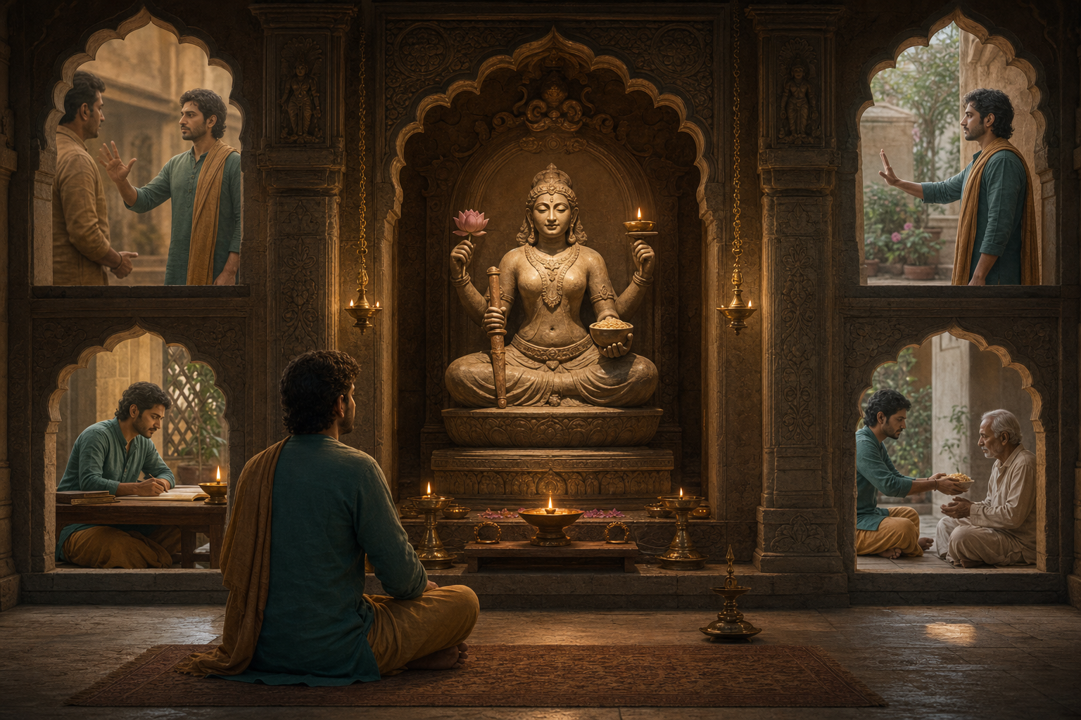 A devotee sits before a four-armed feminine shrine sculpture while surrounding openings show study, calm speech, boundary-setting, and food service.