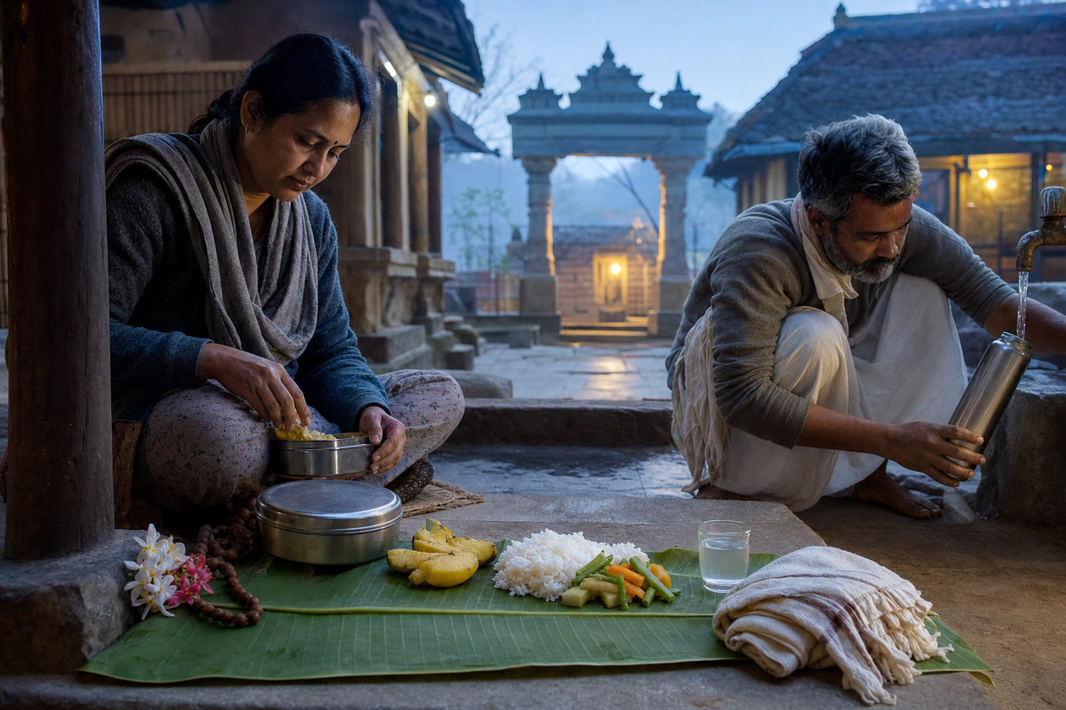 Pilgrims pack a simple meal, fruit, water, flowers and prayer beads in a guesthouse courtyard before dawn.