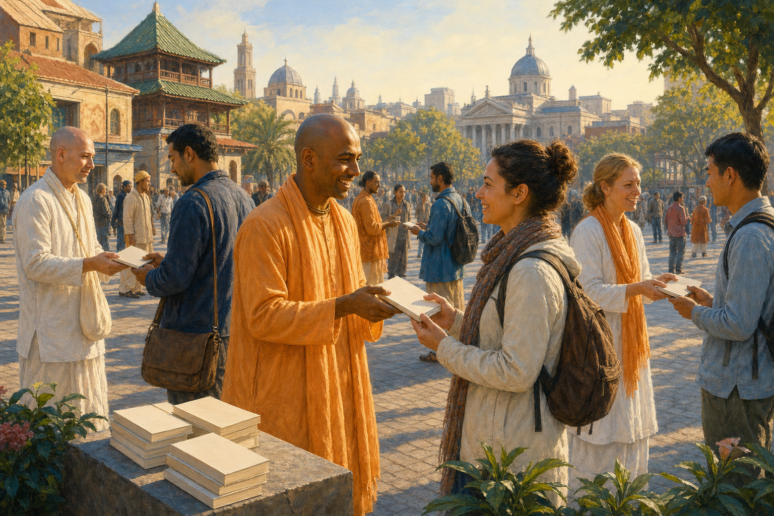 Devotees from diverse backgrounds distribute unmarked spiritual books and speak with visitors in a sunlit public square.