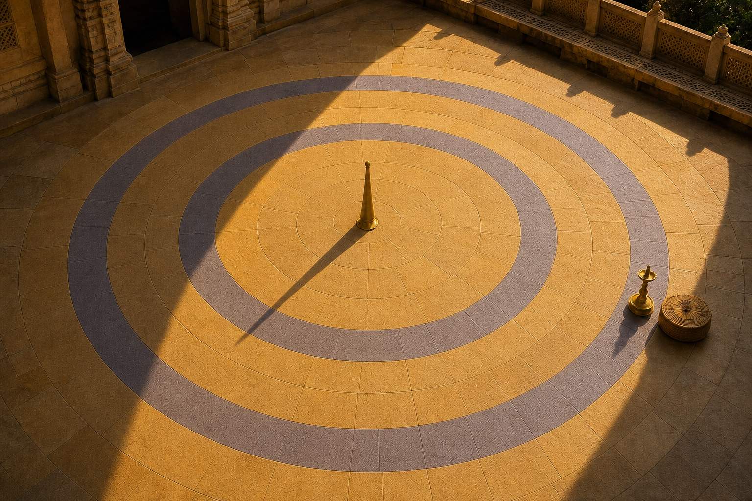 Morning sunlight casts a long shadow from a brass gnomon on an unmarked stone surface above a varied Indian city horizon.