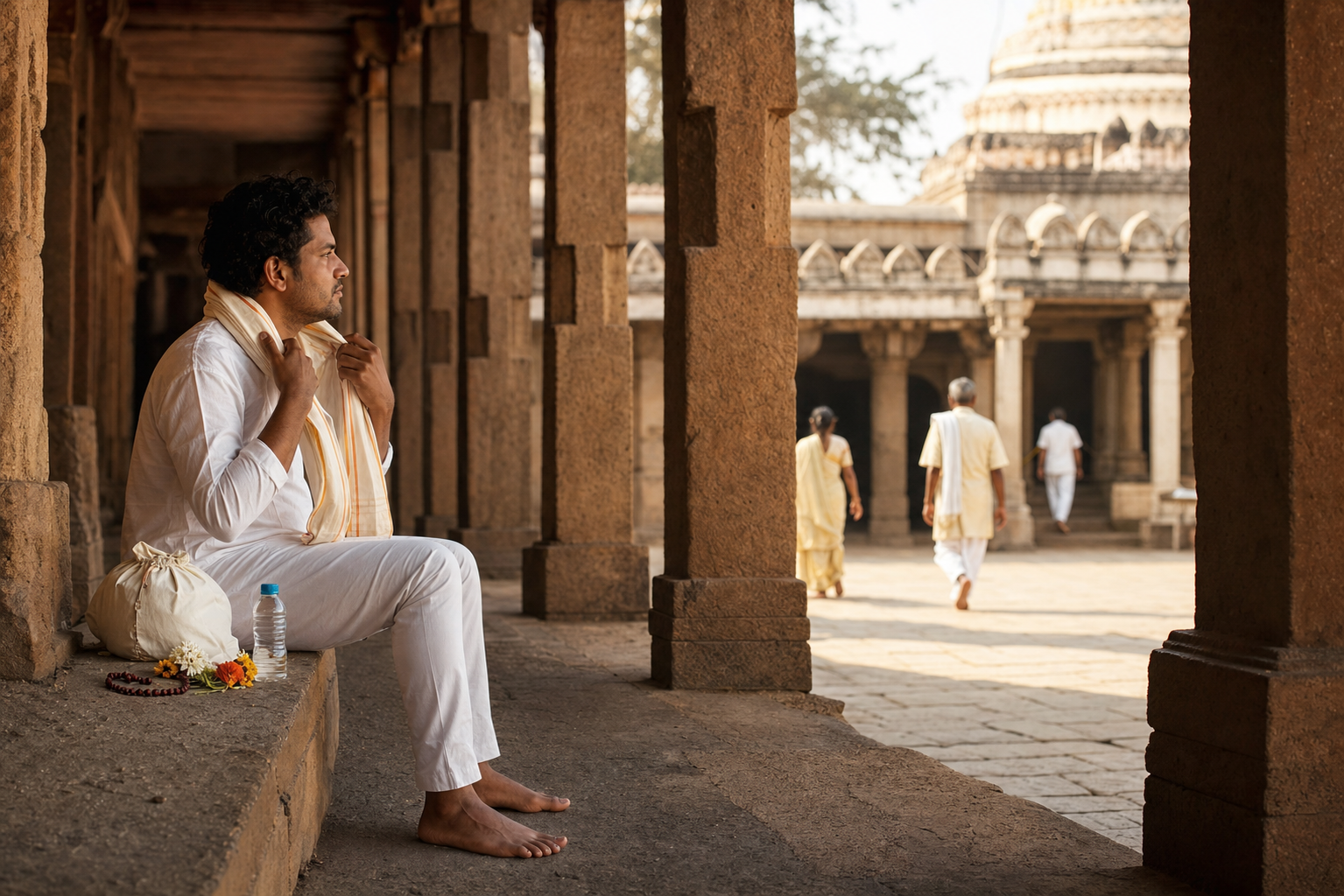 A pilgrim rests with water, flowers and prayer beads in a shaded temple corridor while others cross the sunlit courtyard.