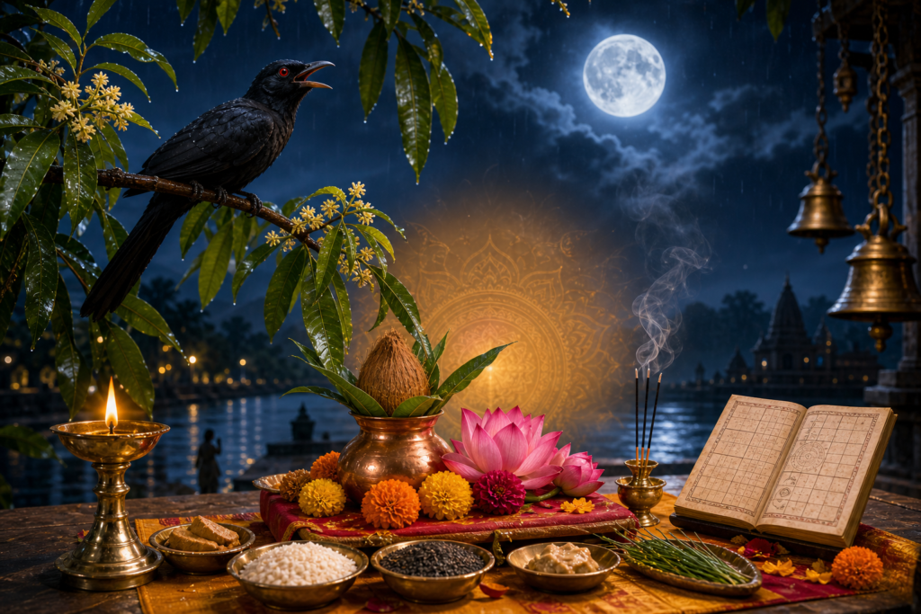 Black koel on a mango branch above a Kokila Vrat puja altar under the Ashad Purnima full moon.
