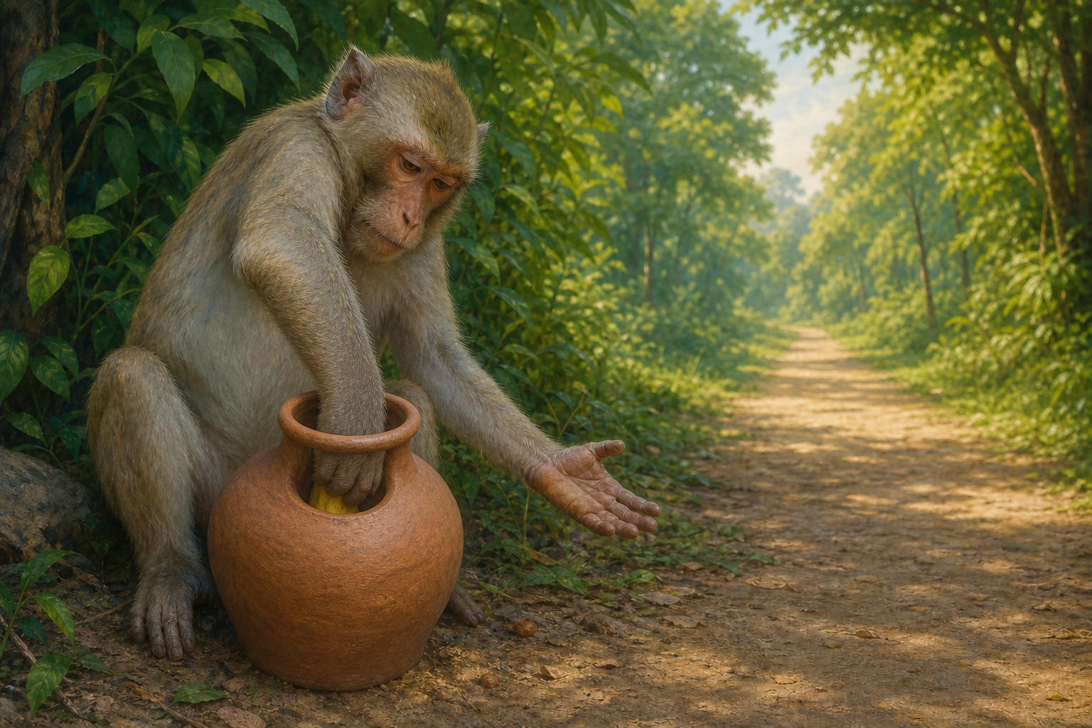 A macaque grips a banana inside a narrow-necked clay jar while an open forest path lies behind it.