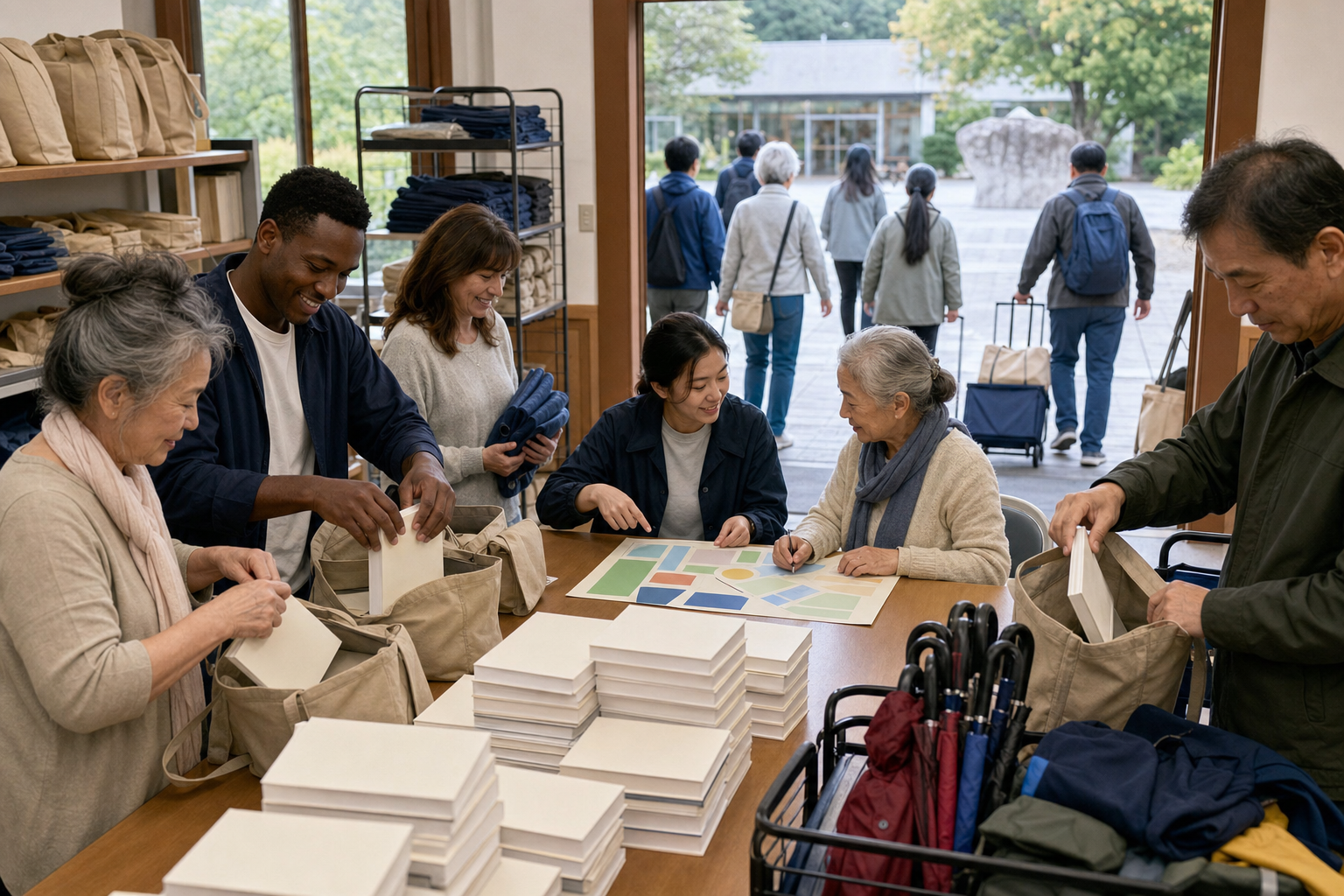 Three differently sized community outreach settings show volunteers distributing spiritual books with varying resources and audiences.