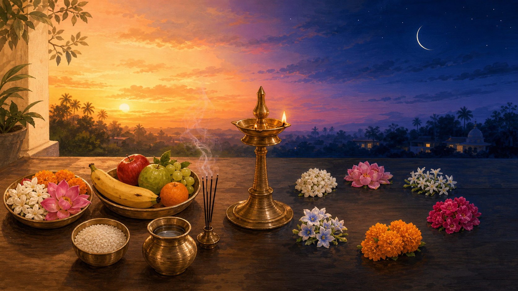 A ritual adviser and a householder examine an unreadable almanac, an unnumbered clock, prayer beads and puja items together in a home prayer room.