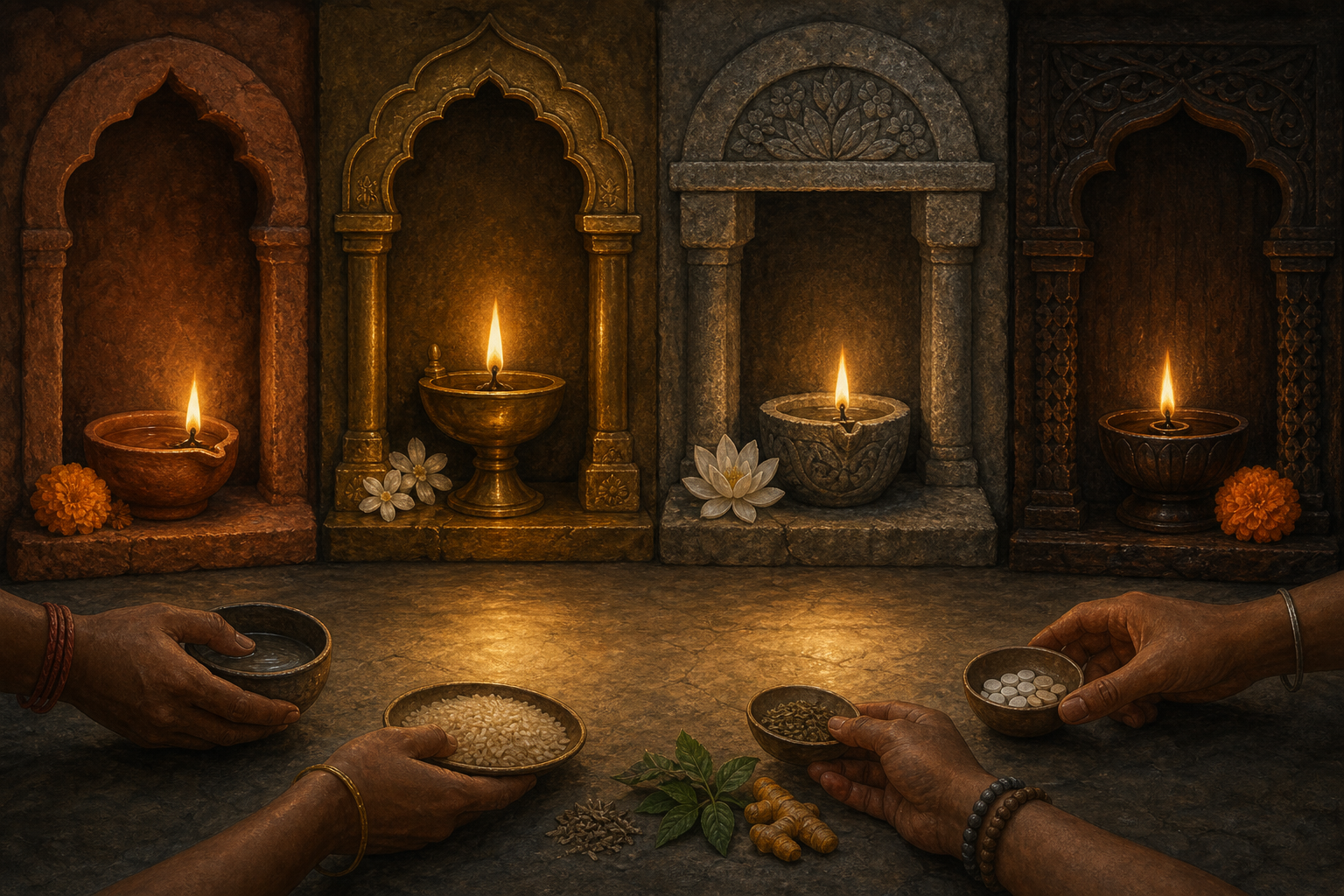 Four different oil lamps burn in separate stone niches, casting overlapping light onto offerings of water, grain, and medicine.