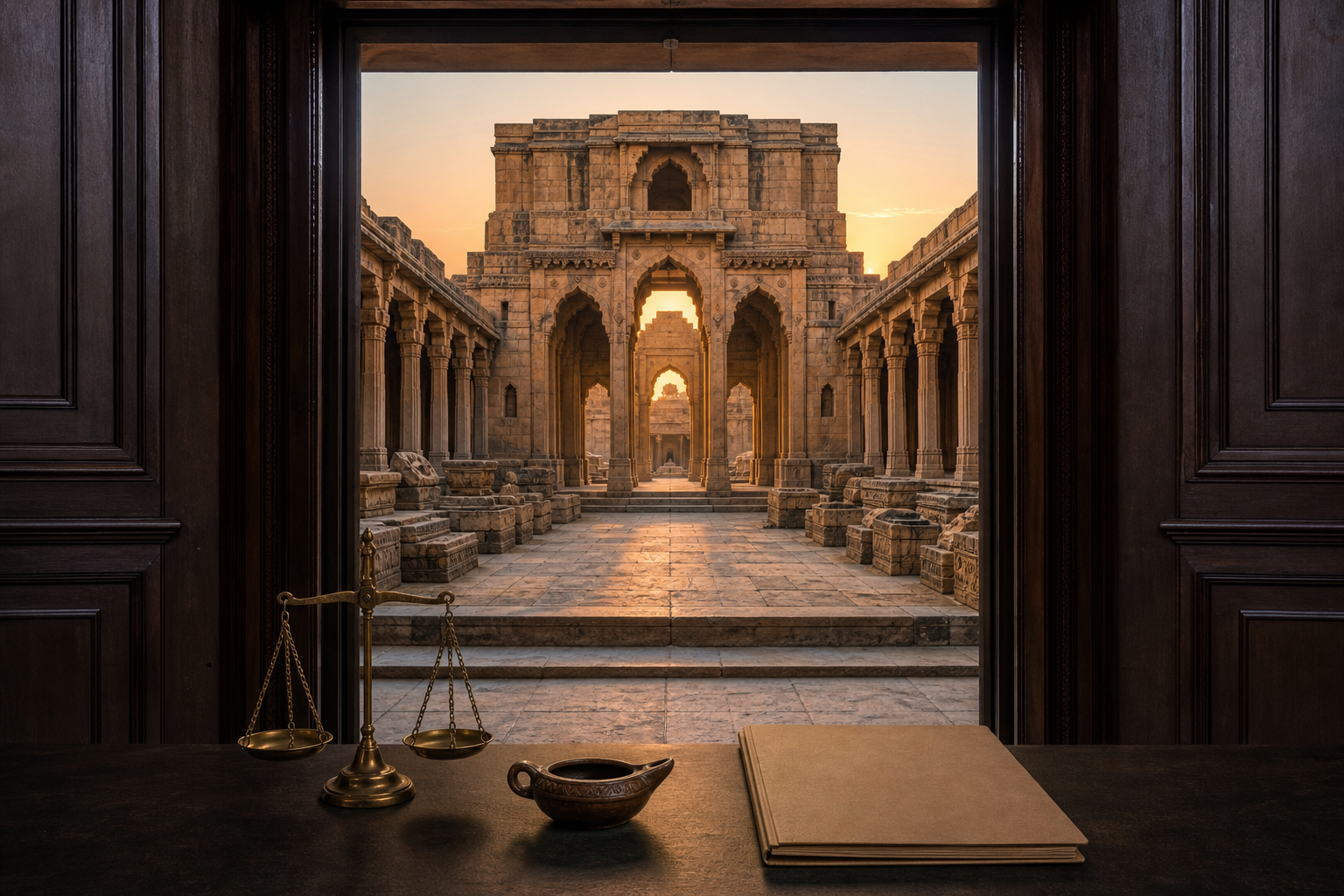 Editorial illustration of a balanced scale and blank legal folder facing a historic stone-pillared complex in central India at dawn.