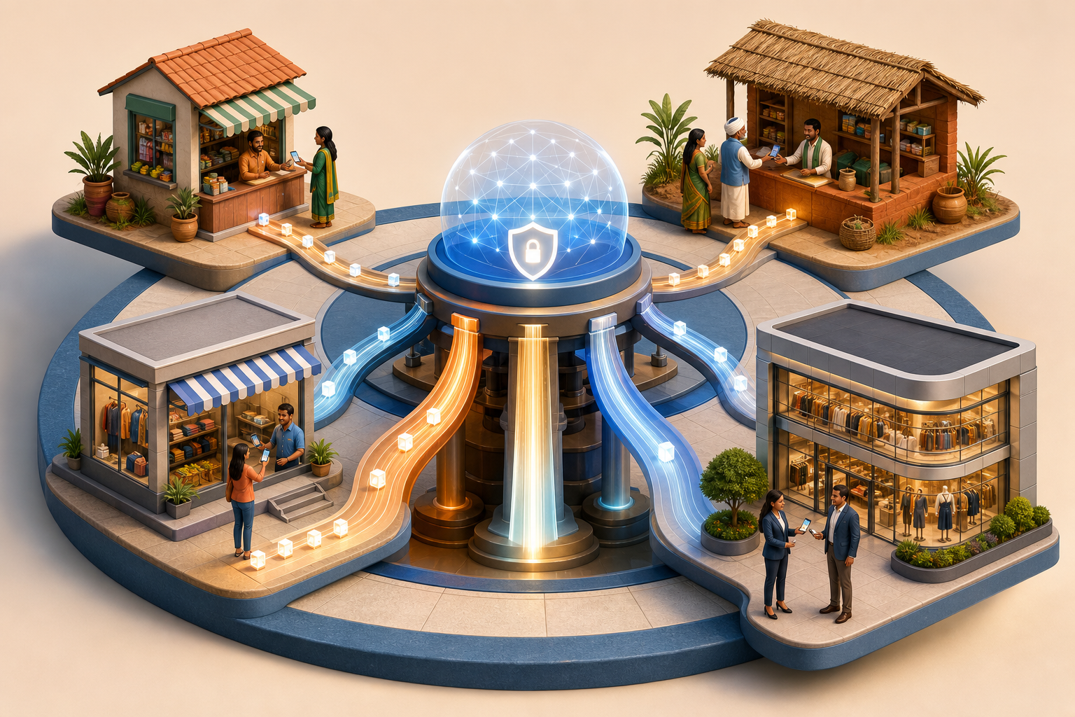 Small shops, a rural cooperative, and larger retailers connect to a shared payment network supported by stronger contributions from larger commercial flows.