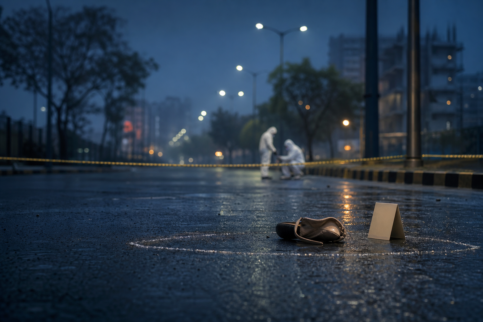 A conceptual illustration of two forensic investigators examining a cordoned urban roadside at dusk, with a toppled personal item near an evidence marker.