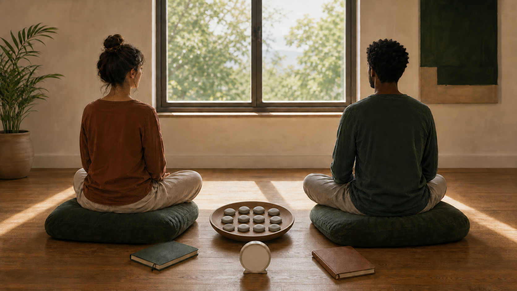 Two friends meditate on separate cushions beside closed journals, a small timer, and a bowl of twelve pebbles.