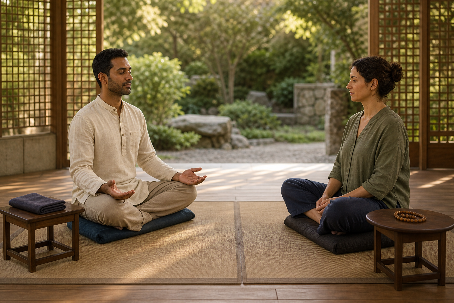 One seated practitioner demonstrates a breathing posture while a friend observes from a separate cushion, with their personal practice objects kept apart.