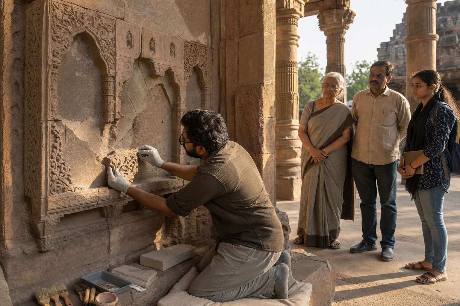 Conservators examine carved stone fragments, measuring tools, blank archival sheets, and architectural evidence beside a historic colonnade.