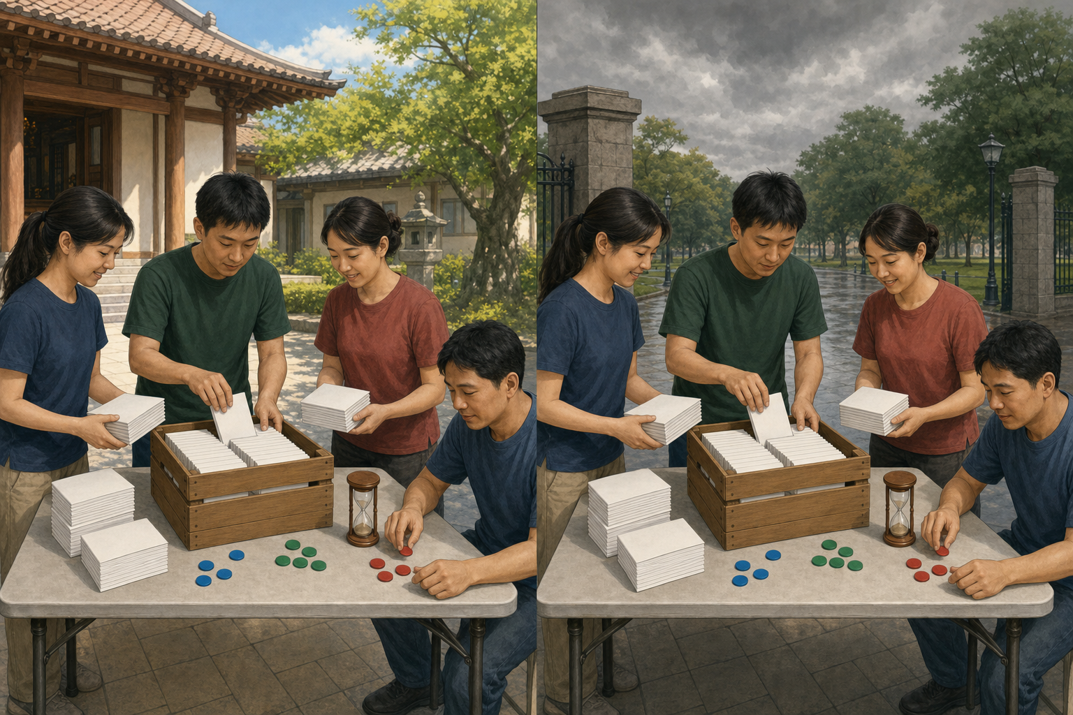 A busy public book outreach scene is connected by golden light to a small indoor spiritual study circle.