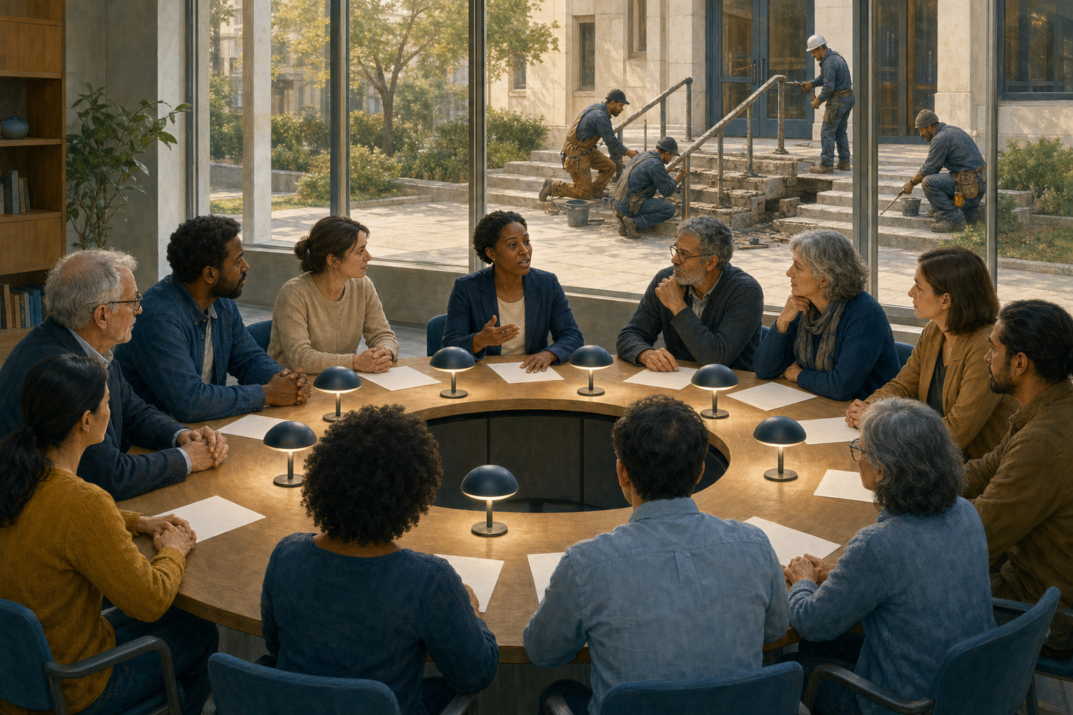 Residents and public servants meet around an evenly lit circular table while workers repair the civic building's entrance outside.