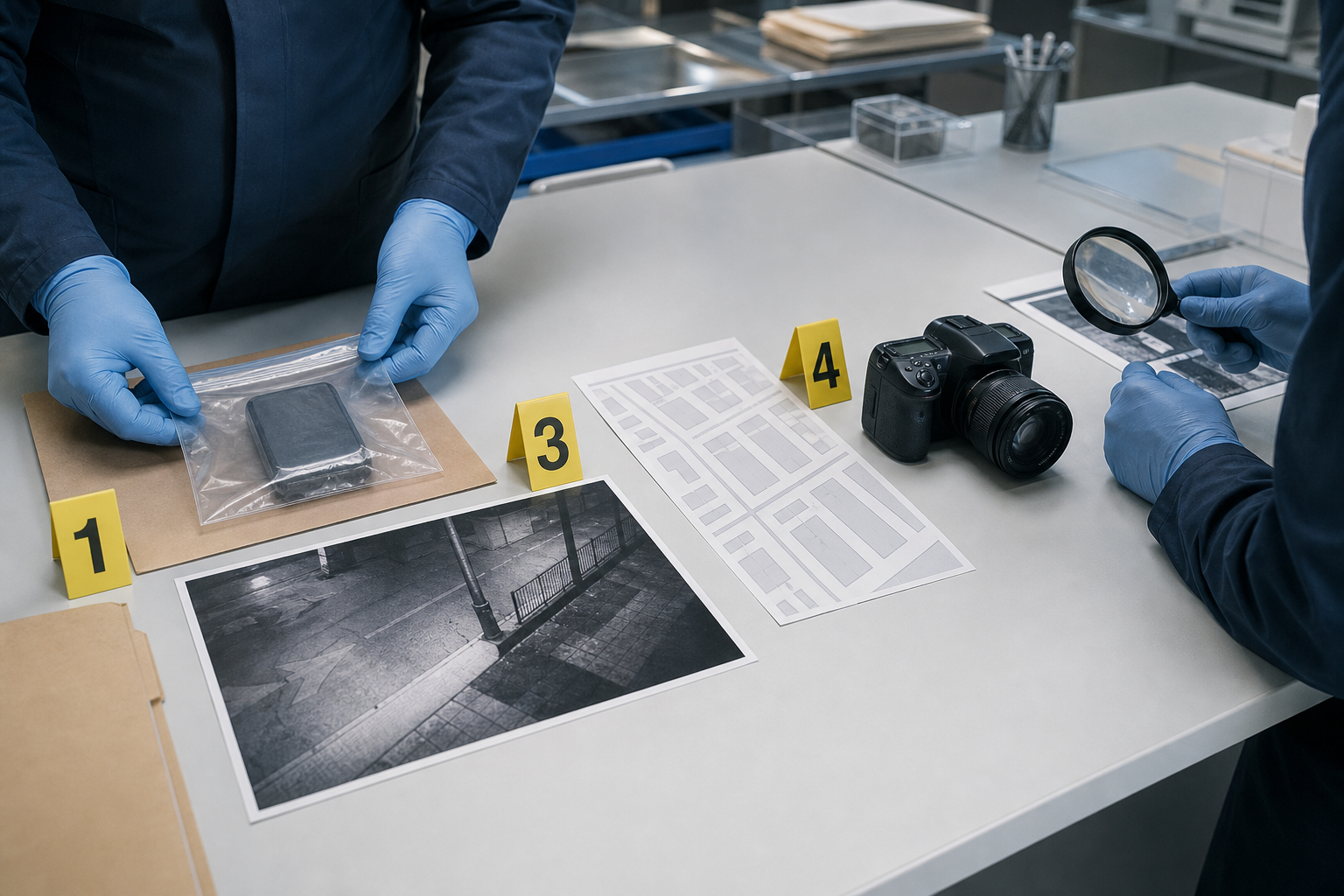 An anonymous investigator pauses where an illuminated evidence trail ends before several shadowed doorways.