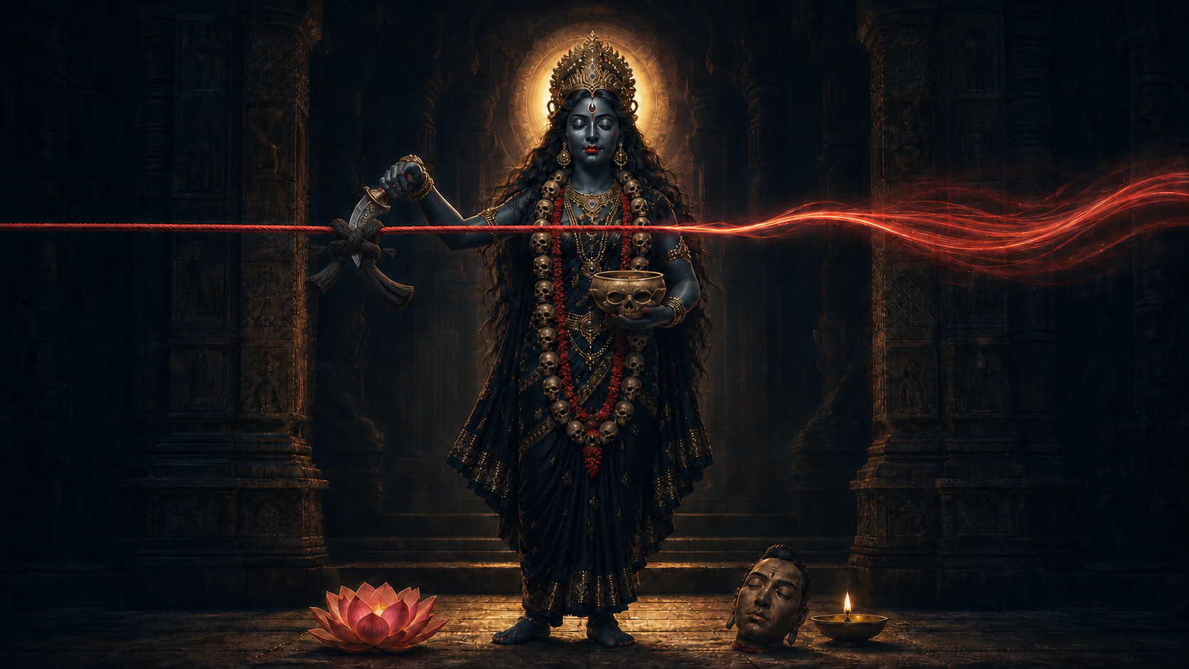 A blue-black divine feminine figure in a temple threshold uses a curved ritual chopper to cut a dark knot from a glowing red cord while holding a skull-bowl and a calm mask-like severed head.