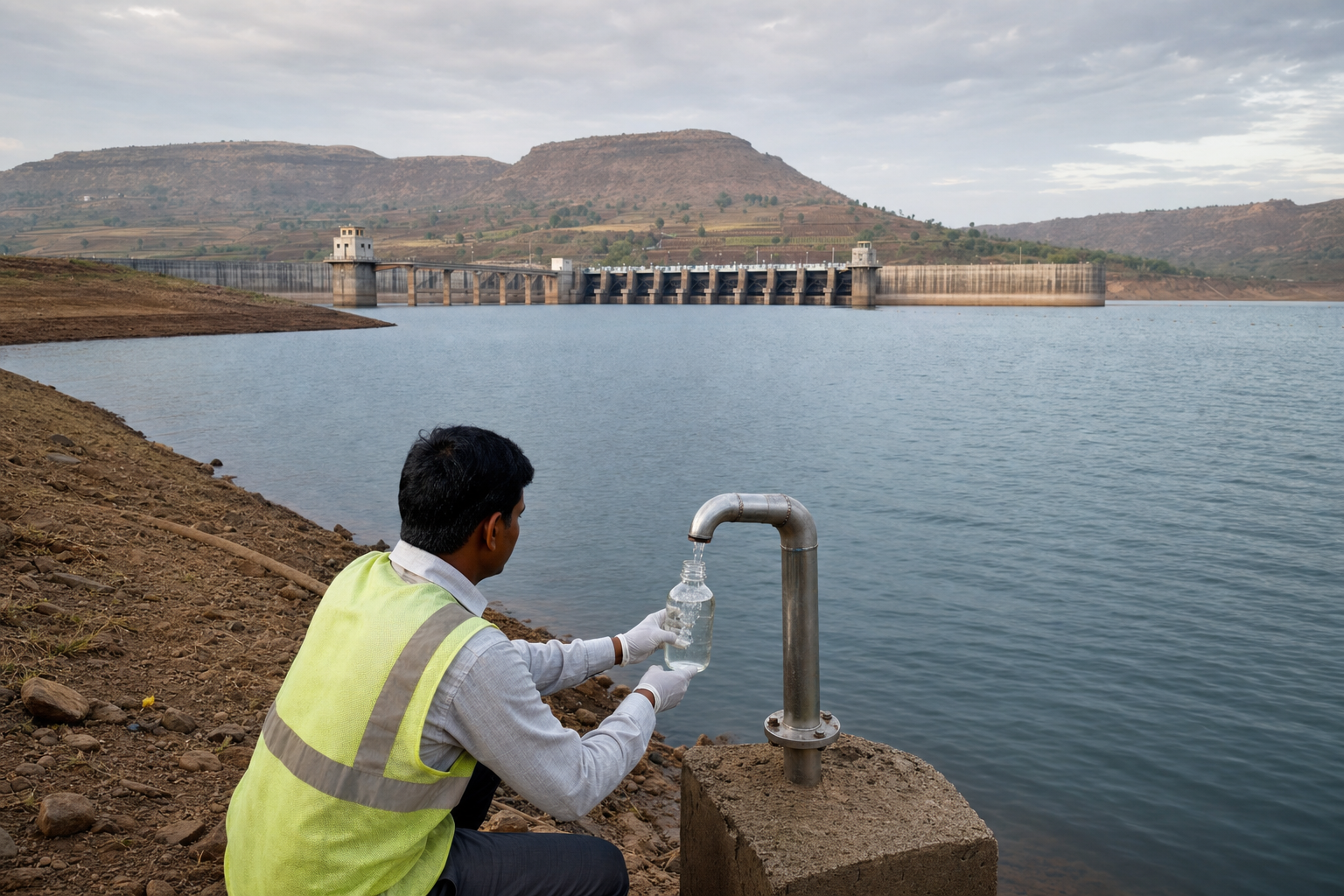 A water-quality technician collects a clear water sample beside a large dam reservoir in western Maharashtra.