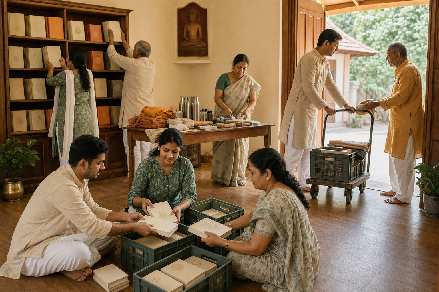 Volunteers sort spiritual books, prepare outreach supplies, and reset materials in an organized community room.