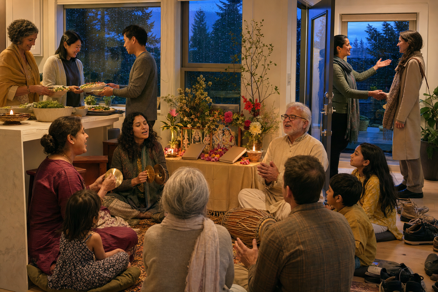 Adults, grandparents and children sing, worship and welcome guests with vegetarian food in a Seattle home, with rain and evergreen trees visible outside.