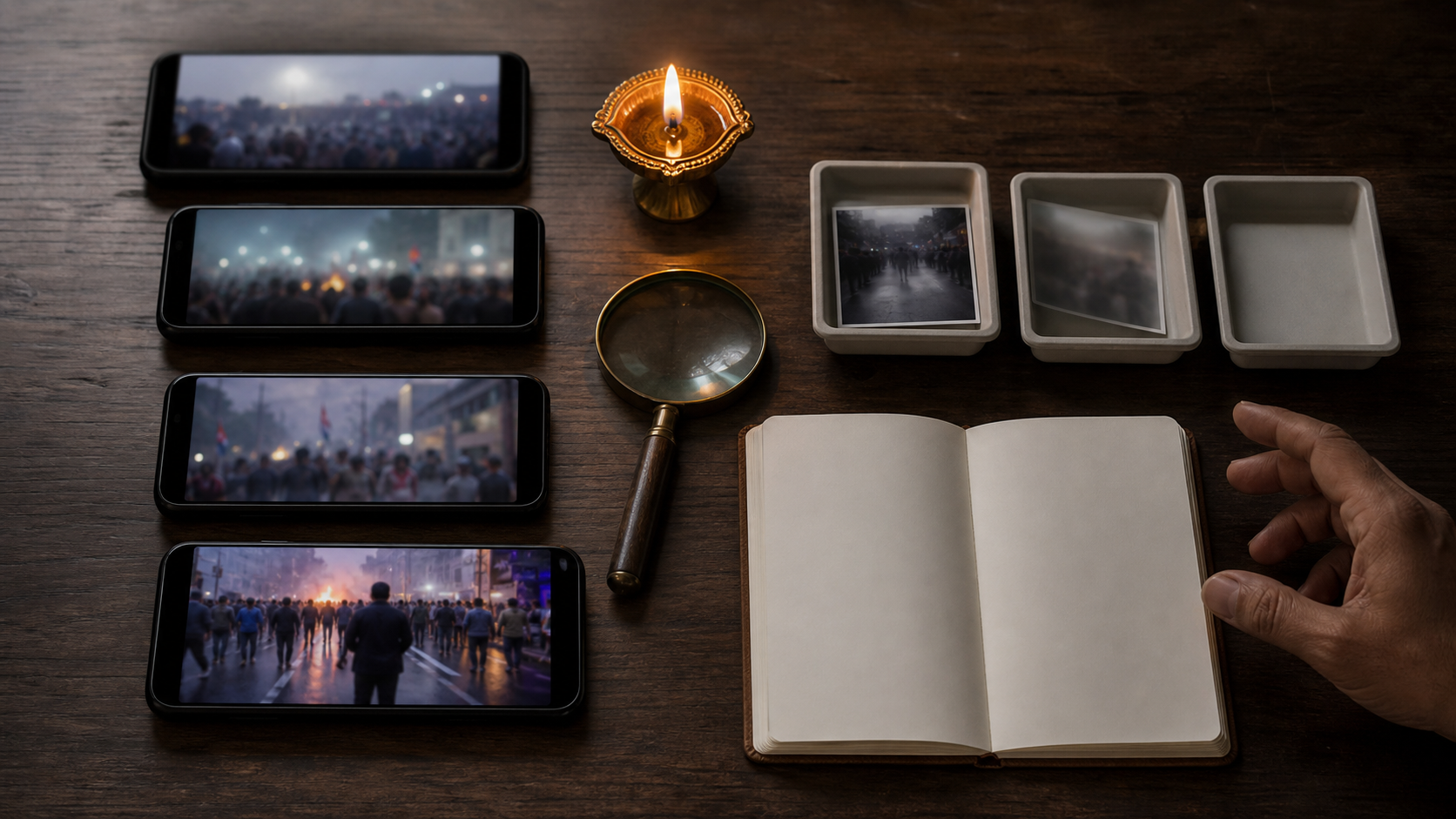 Several phones with blurred protest footage lie on a desk beside a magnifying glass, blank notebook, sorting trays, and a lit brass lamp.