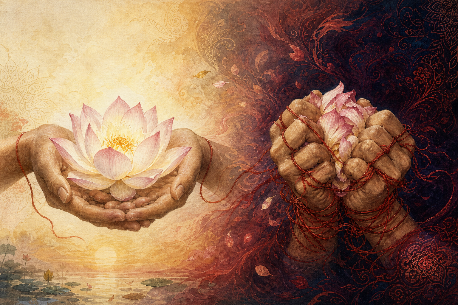 Open hands loosely holding a lotus are contrasted with clenched hands gripping another lotus while red thread knots around the fingers.