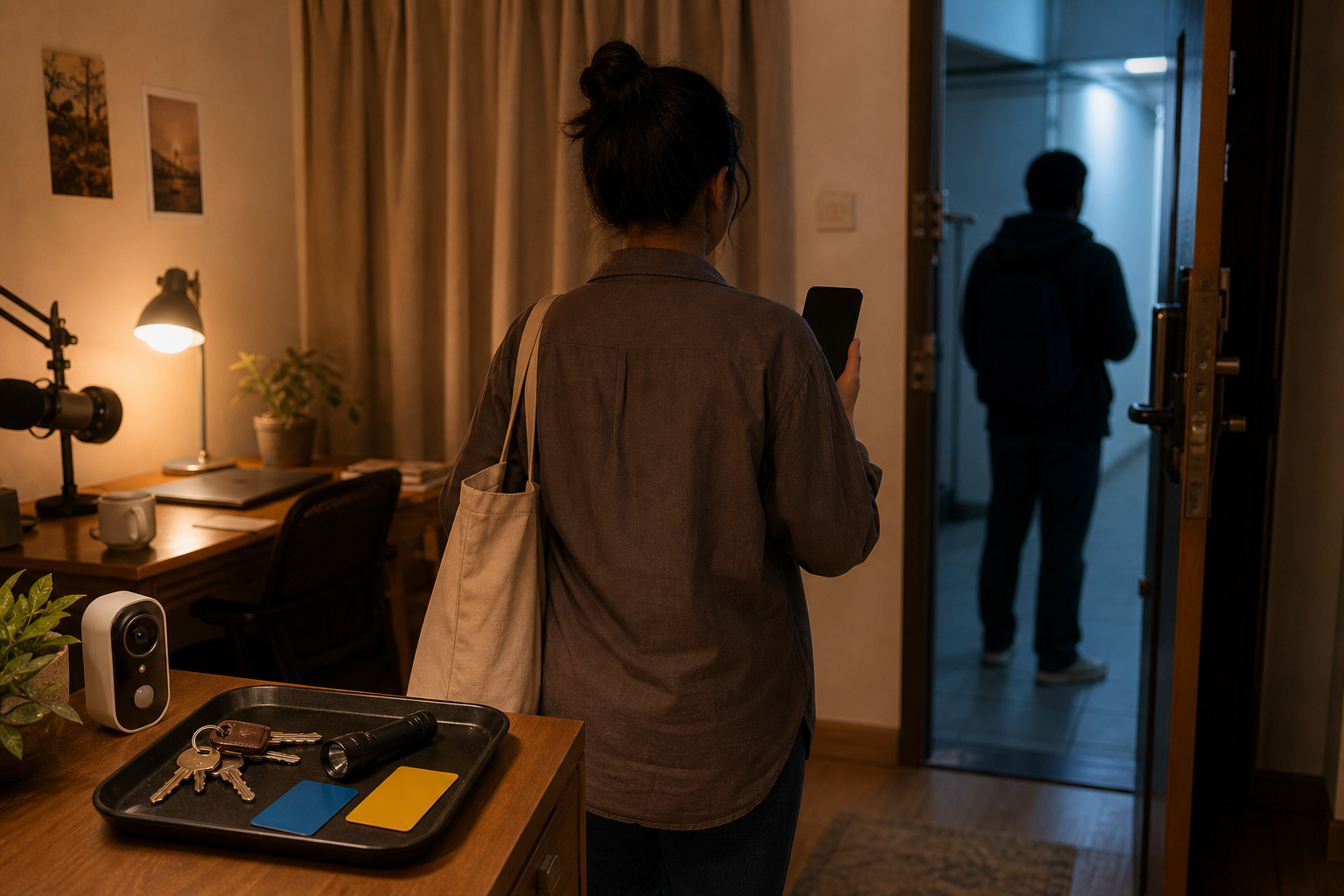An anonymous creator checks a phone, door camera, keys, flashlight, and transit cards before leaving a home studio with a colleague nearby.