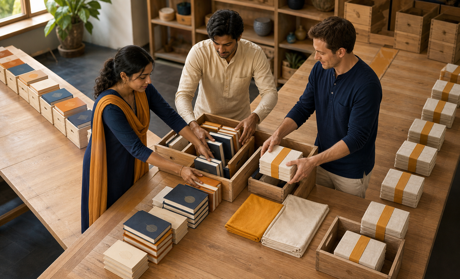 Volunteers reorganize a congested book-sorting station so prepared bundles can move smoothly along a table.