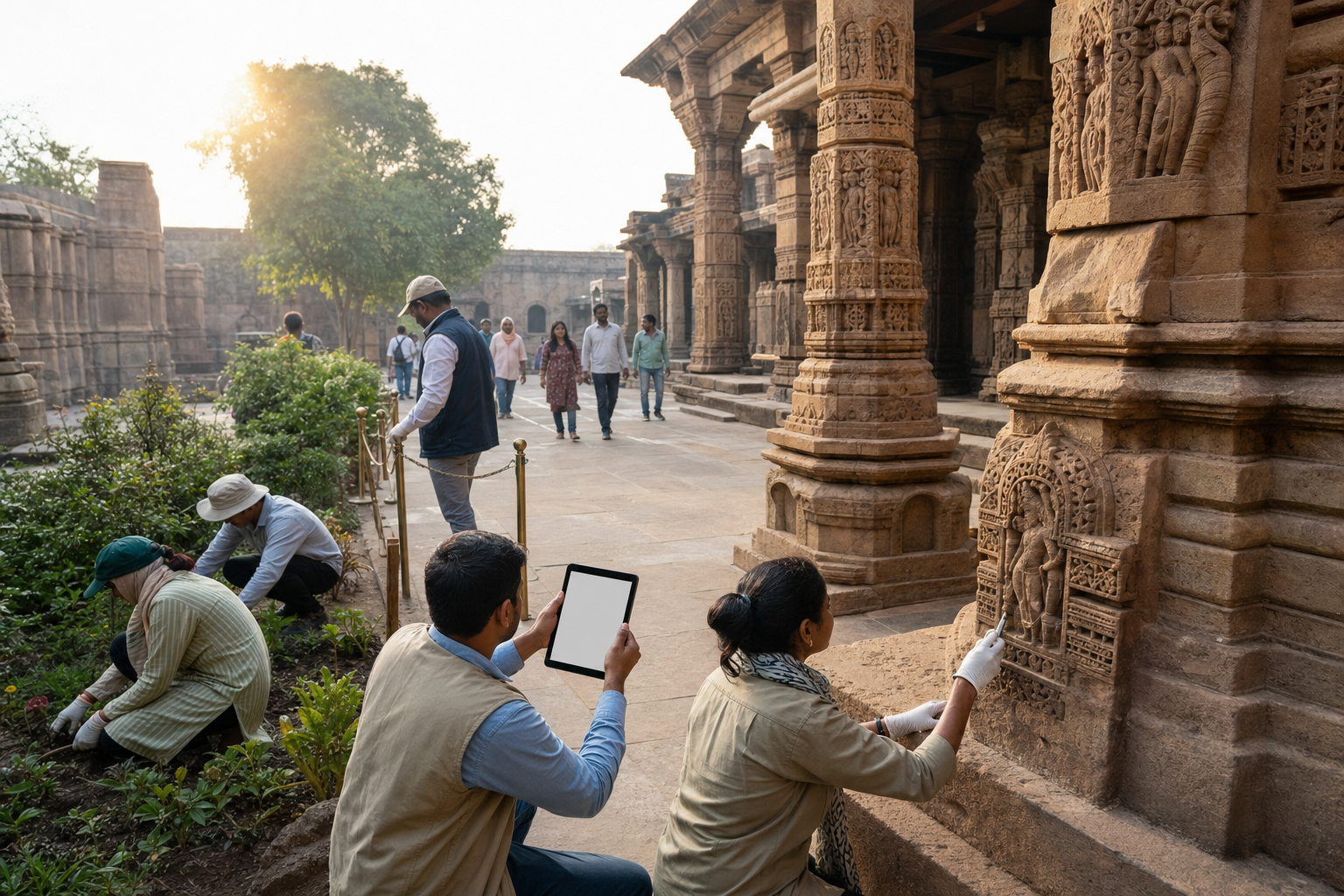 Conservators, caretakers, and community volunteers inspect carved pillars and maintain visitor paths in the Bhojshala courtyard.