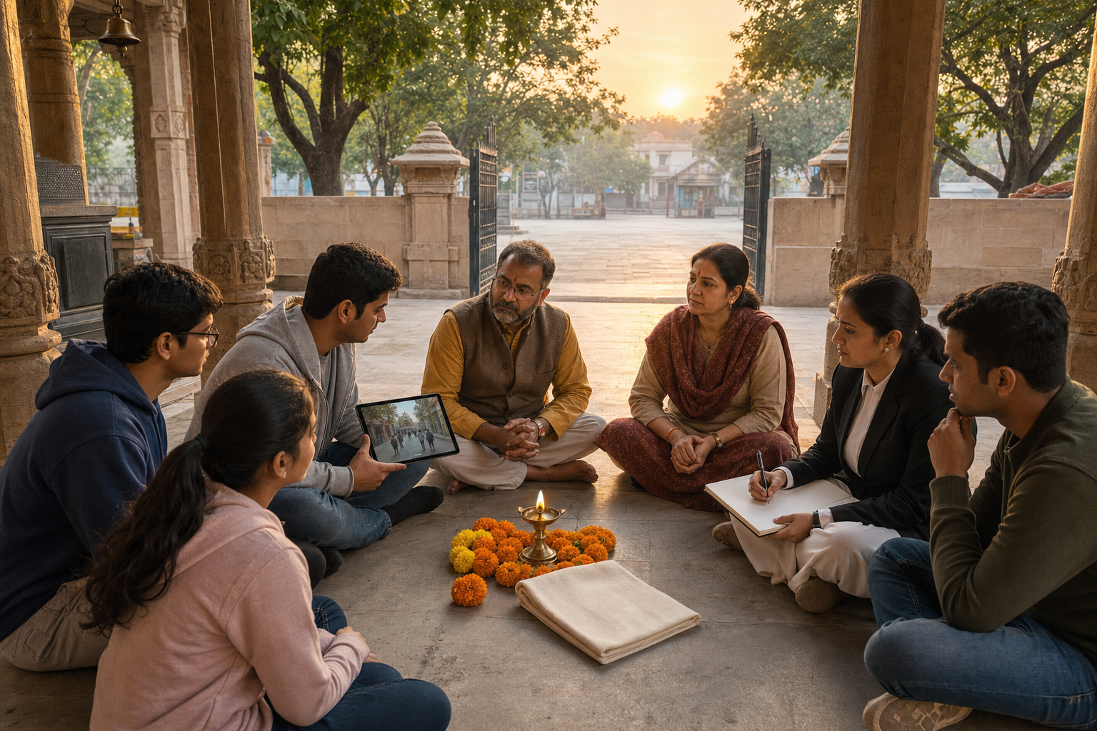Hindu community members meet calmly in a temple courtyard around a brass lamp while reviewing video and recording observations.