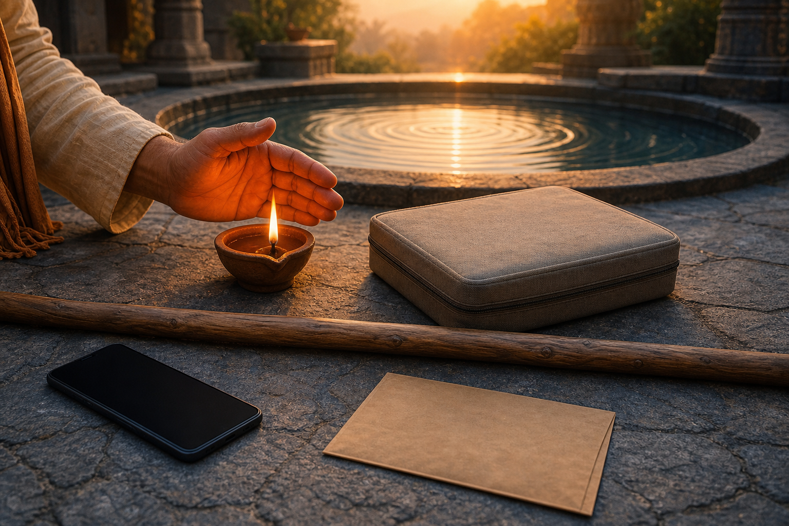 A hand shields a clay lamp beside a first-aid kit, phone, evidence envelope, and resting wooden staff in a dawn courtyard.