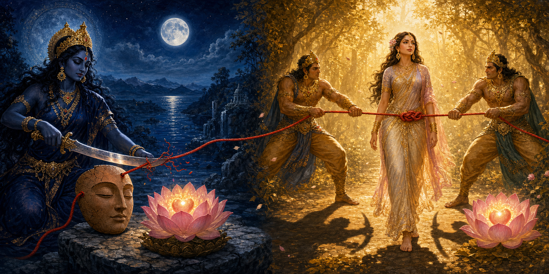 A diptych shows Kali cutting a cord tied to a clay face mask and Tilottama walking as two warrior brothers pull the same cord into a knot.