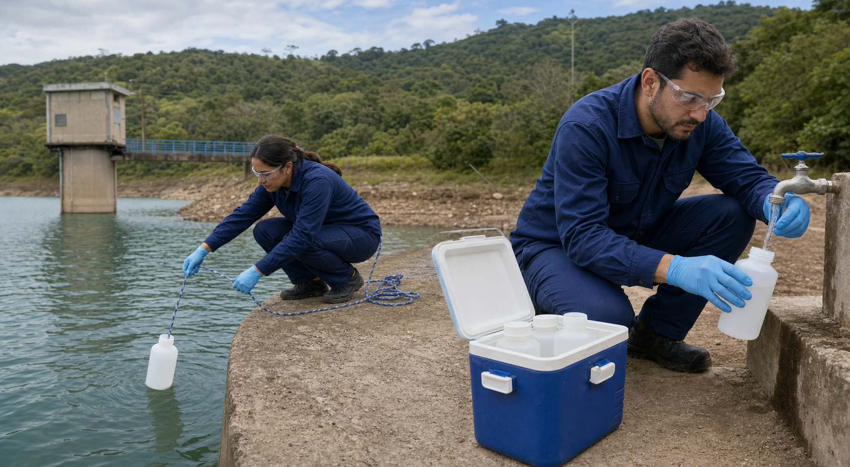 Water-quality workers collect separate samples near a reservoir intake and from a distribution tap using sterile bottles and protective gloves.