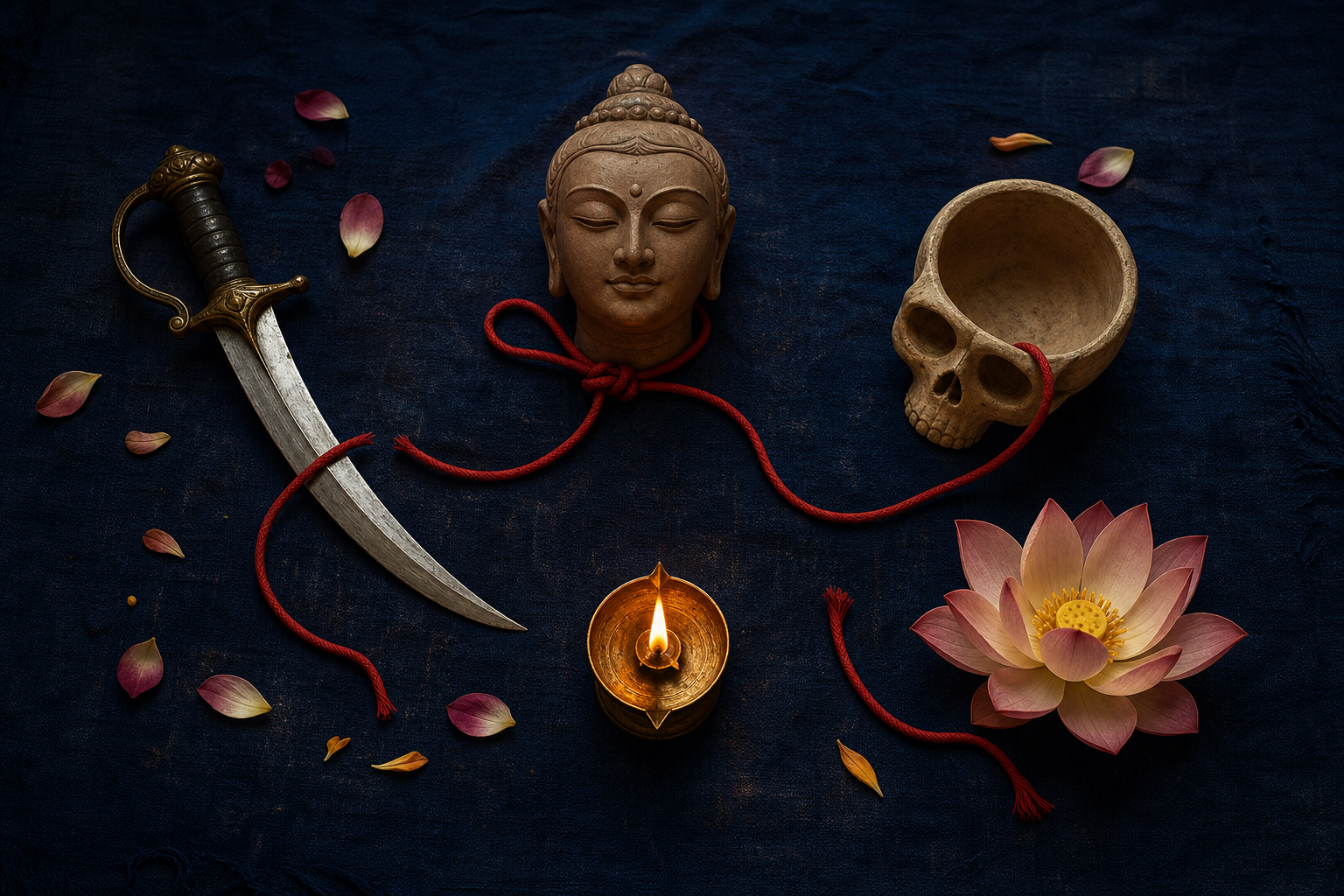 A curved sword, clay head, skull-shaped bowl, oil lamp, lotus, and red cord are arranged on indigo cloth.