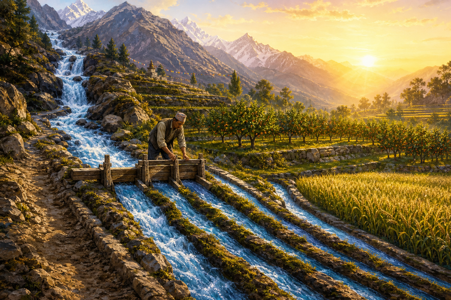 A gardener directs a strong mountain stream through wooden channels toward an orchard and terraced fields.