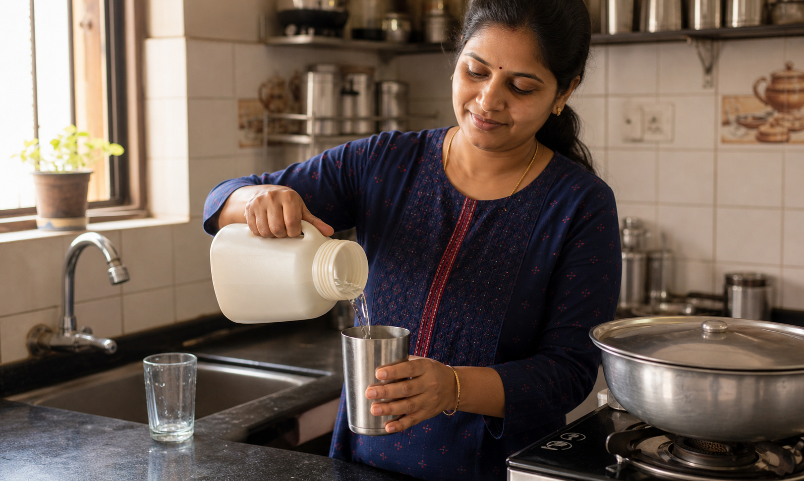 An adult in a home kitchen pours water from a plain sealed container into a steel tumbler while a covered vessel is reserved for cooking.