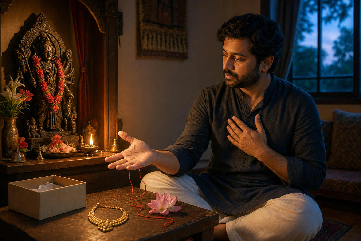 A person pauses beside a home prayer alcove, an ornament, a lotus, and a loosened red cord with one hand open and the other over the heart.