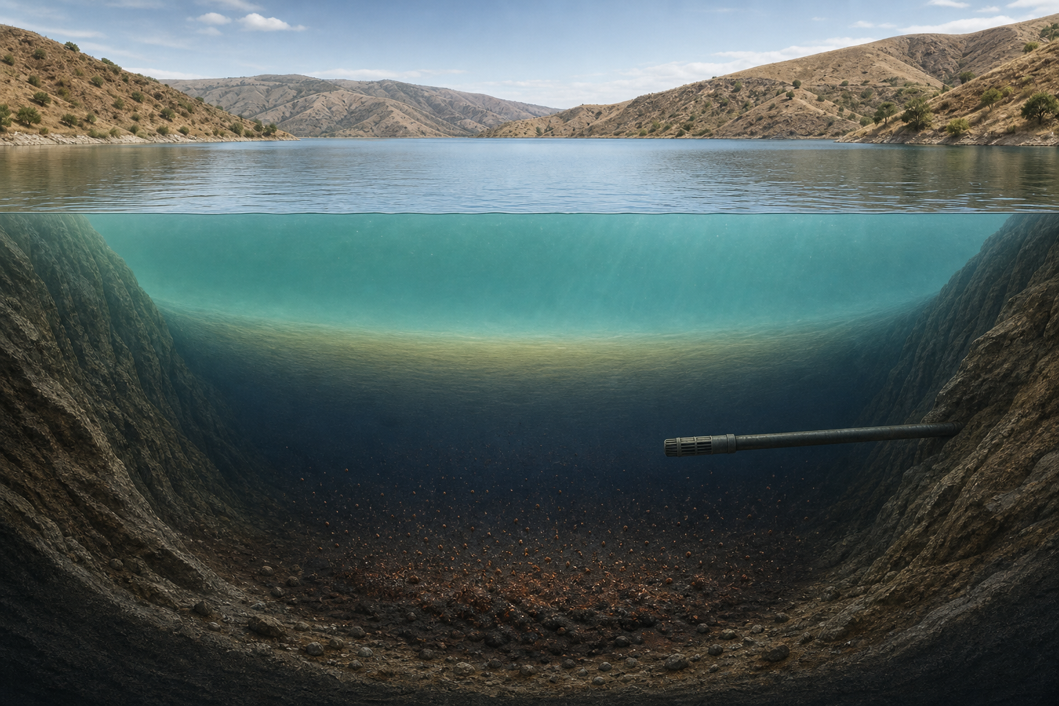 Cutaway illustration of a stratified reservoir with darker low-oxygen bottom water, mineral-rich sediment, and an intake pipe at depth.