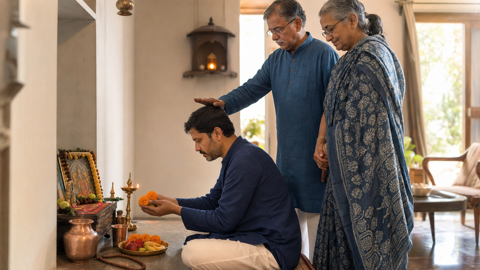 An adult offers flowers at a small home shrine while older family members give a blessing beside a lit brass lamp.