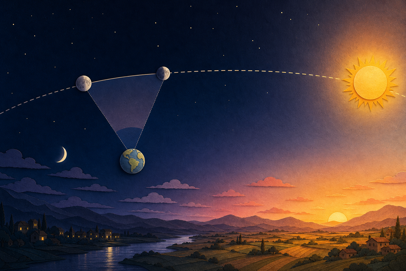A stylized Sun, Earth, and Moon are connected by an orbital arc that continues across a landscape changing from night to dawn.