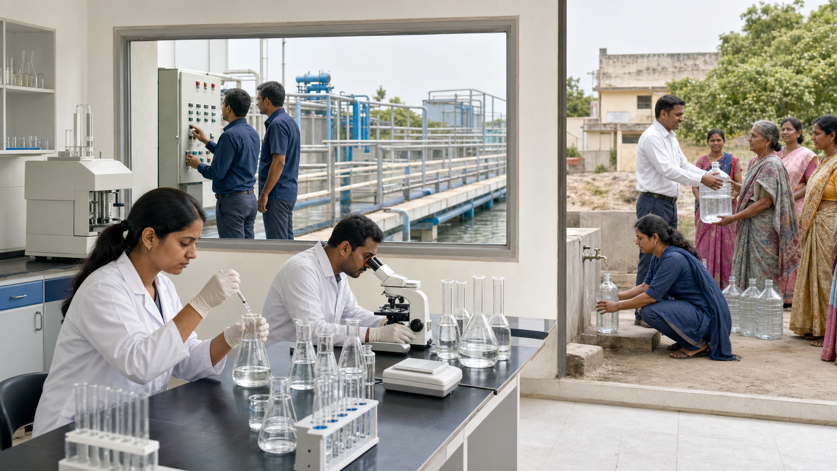 Laboratory staff test water samples as engineers monitor treatment equipment and a field team samples a neighborhood tap near residents receiving plain water containers.