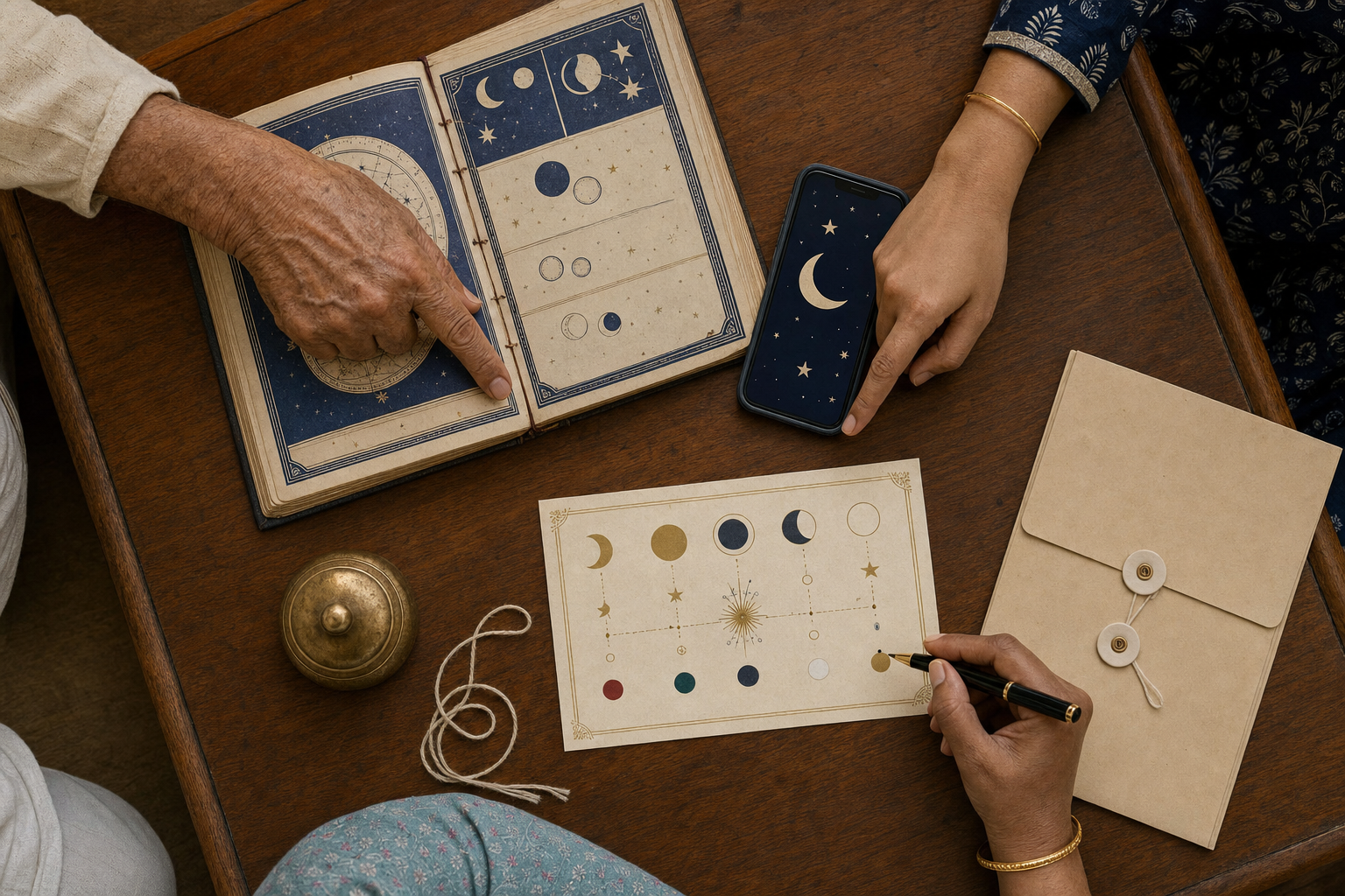 Three family members compare a bound almanac, moon symbols on a phone, and a small record card at a wooden table.