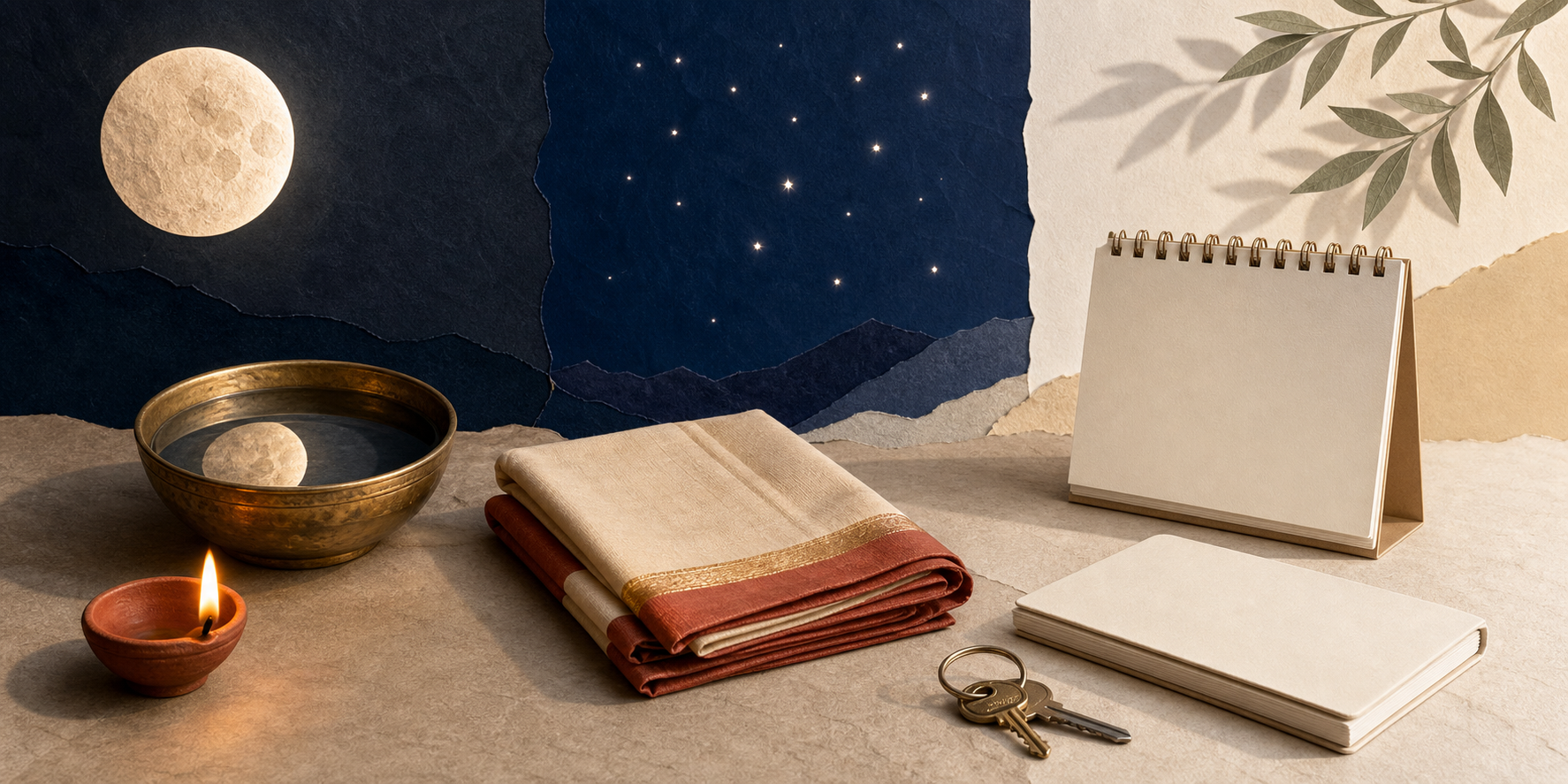 A three-part still life shows the Moon above a brass bowl, a cluster of stars, and a blank calendar beside keys and a notebook.