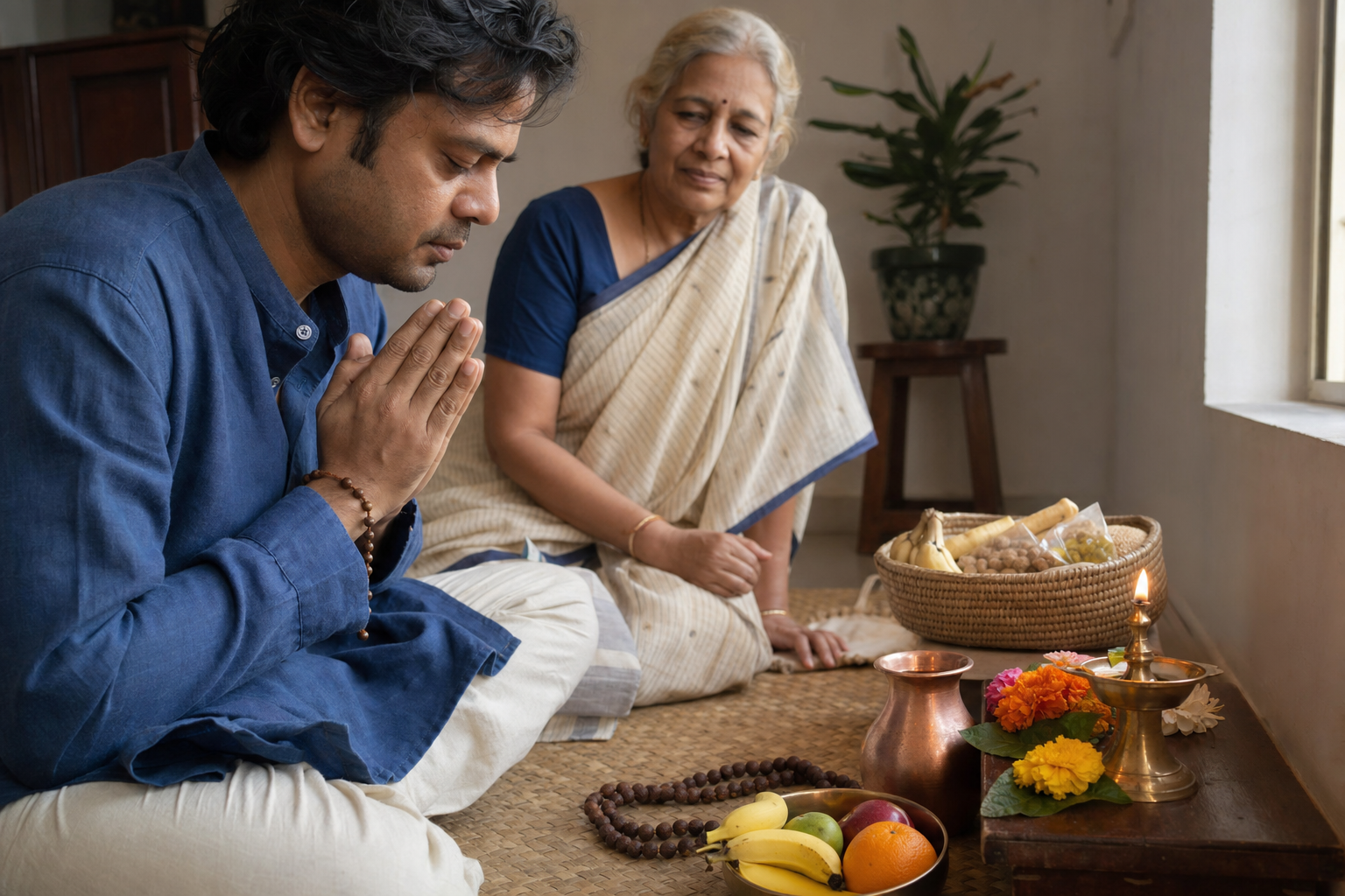 An adult prays before a small home altar with a family elder, a lit lamp, flowers, prayer beads, and a basket of food nearby.