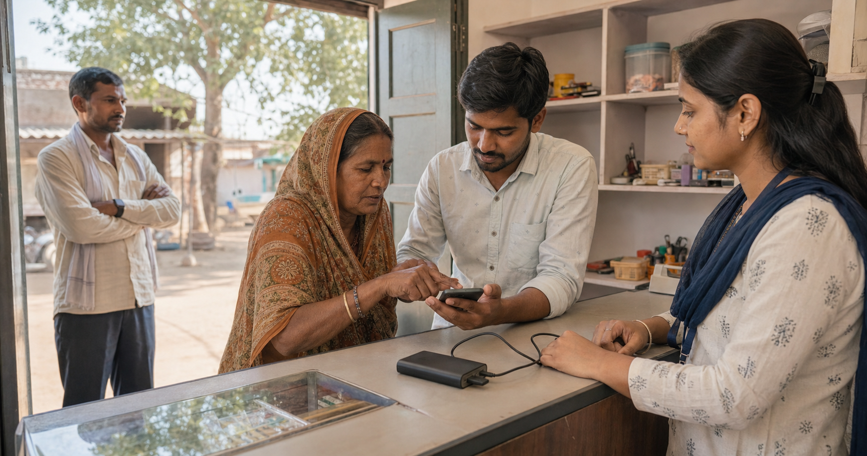 A local facilitator helps an older woman and a shopkeeper verify a mobile transaction at a rural banking service point.