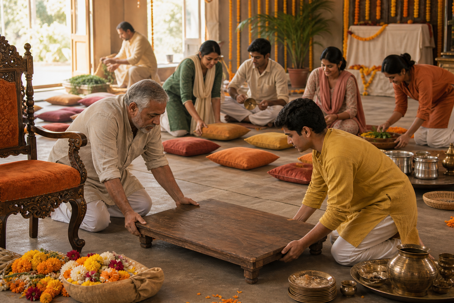 A senior coordinator kneels beside a young volunteer to carry a wooden platform while a devotional community prepares a festival hall.