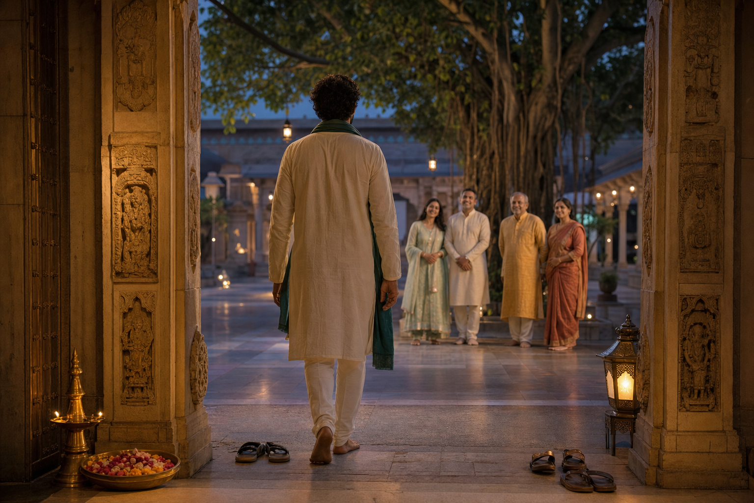An adult voluntarily crosses an open temple courtyard threshold while relatives and community elders wait inside beside an oil lamp and flower petals.