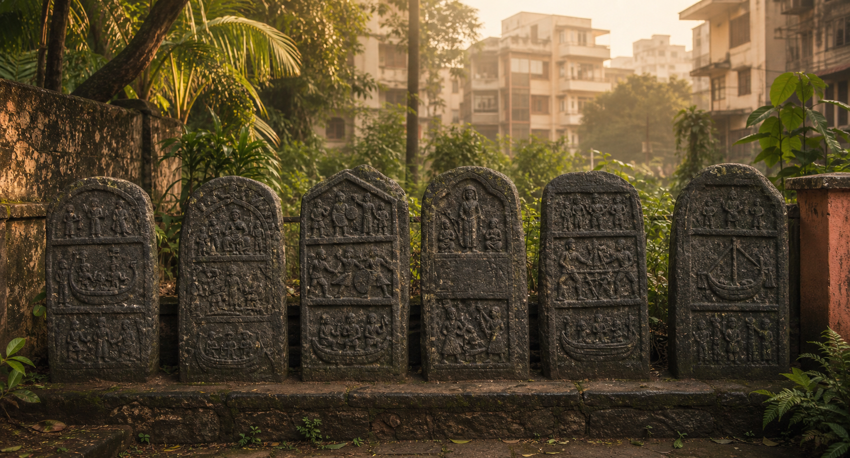 Editorial illustration of six weathered basalt hero stones in a small compound surrounded by foliage and Mumbai apartment buildings.