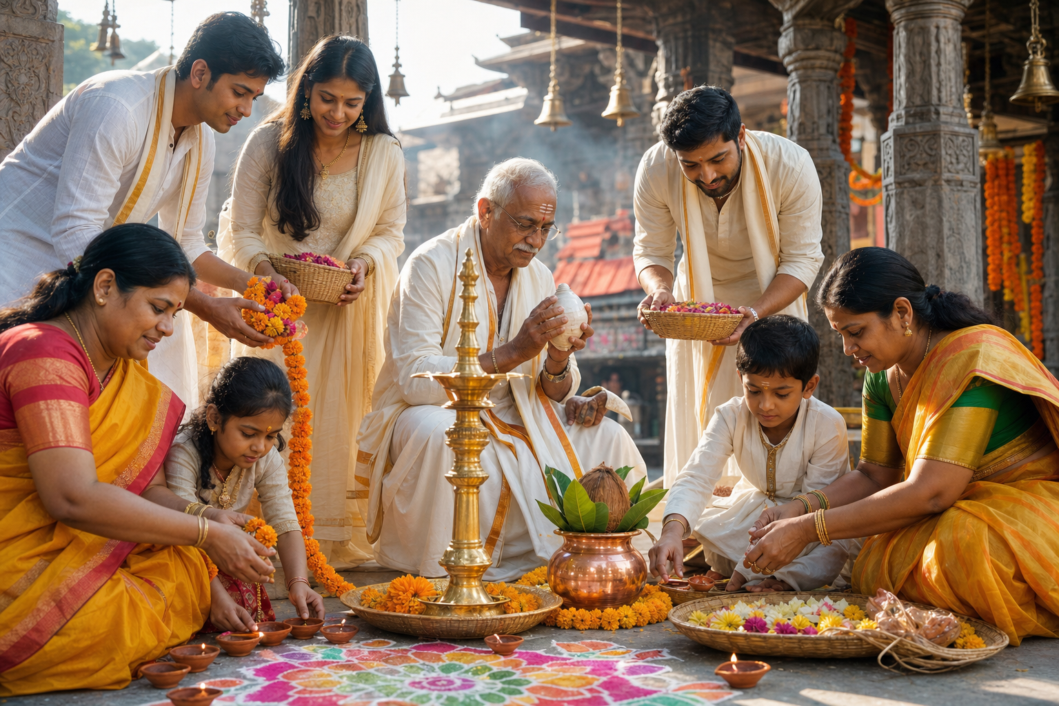 Adults, elders, and children prepare marigold garlands, flower baskets, lamps, and a ceremonial kalash in a Hindu temple courtyard.